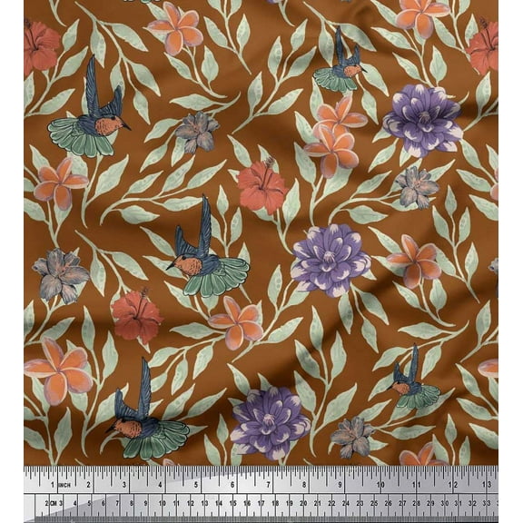 Soimoi Cotton Duck Fabric Flying Bird,Plumeria & Dahlia Floral Fabric Prints by Yard 42 Inch Wide