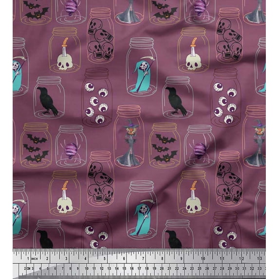 Soimoi Cotton Duck Fabric Ghost,Skull & Witch Halloween Decor Fabric Printed Yard 42 Inch Wide