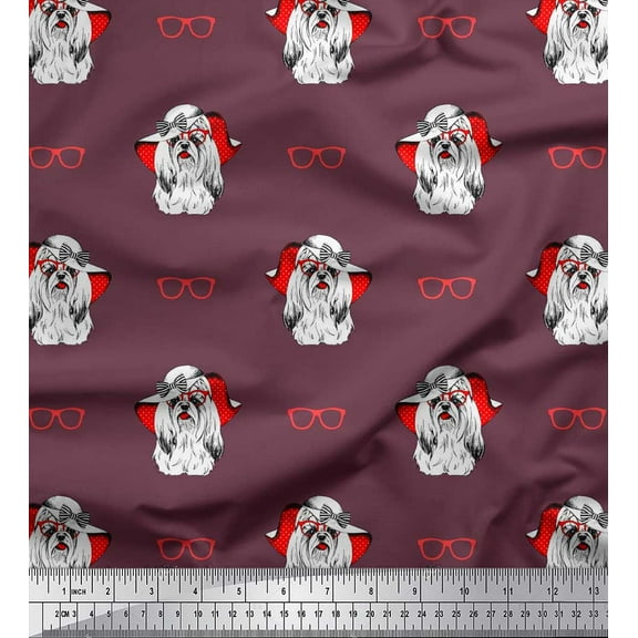 Soimoi Cotton Duck Fabric Hat,Specs & Lhasa Apso Dog Print Sewing Fabric Yard 42 Inch Wide
