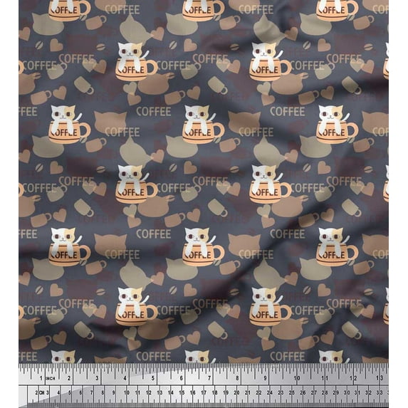Soimoi Cotton Duck Fabric Heart,Coffee Cup & Cat Kids Fabric Prints by Yard 42 Inch Wide