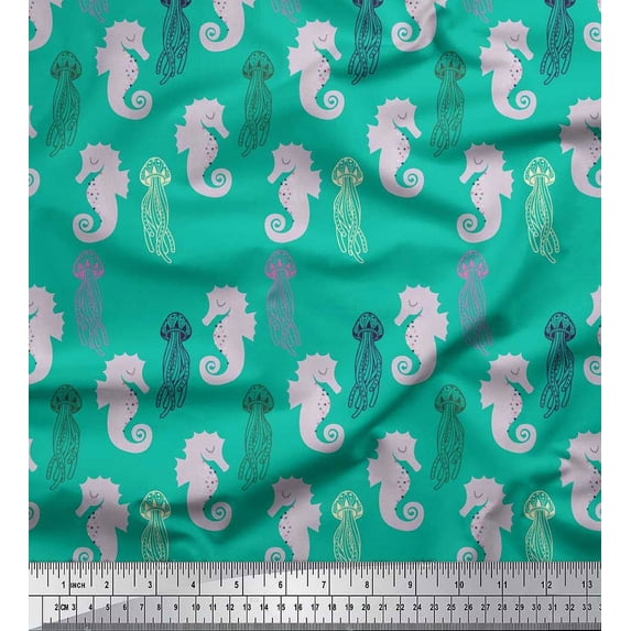 Soimoi Cotton Duck Fabric Jellyfish & Seahorse Ocean Print Fabric by Yard 42 Inch Wide