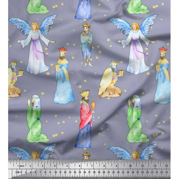 Soimoi Cotton Duck Fabric King & Angel Watercolor Print Sewing Fabric Yard 42 Inch Wide