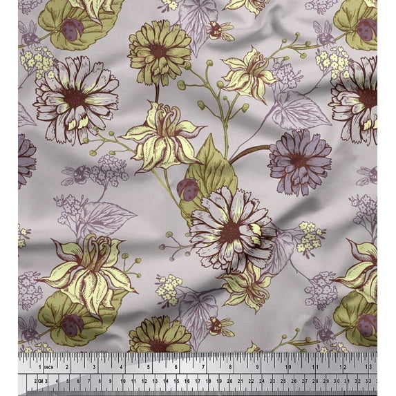 Soimoi Cotton Duck Fabric Leaves & Aster Floral Printed Fabric 1 Yard 42 Inch Wide