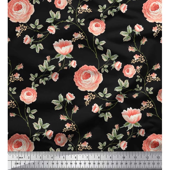 Soimoi Cotton Duck Fabric Leaves & Camellias Floral Print Fabric by Yard 42 Inch Wide