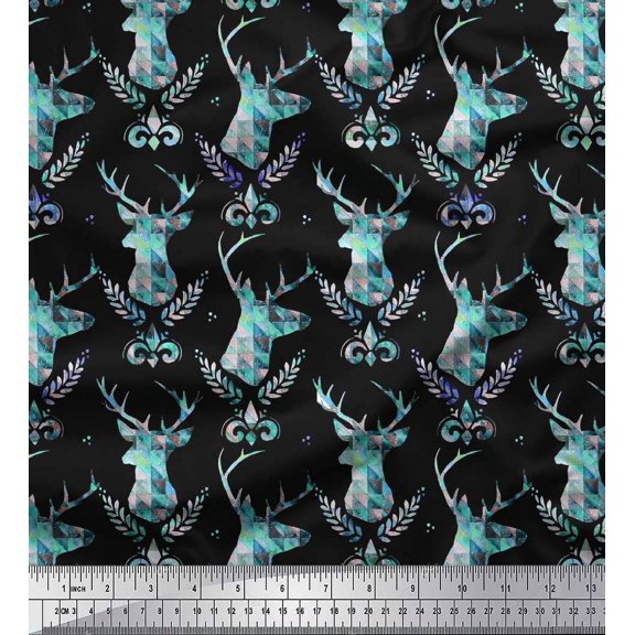 Soimoi Cotton Duck Fabric Leaves,Damask & Reindeer Face Animal Print Fabric by The Yard 42 Inch Wide
