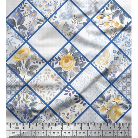 Soimoi Cotton Duck Fabric Leaves,Floral & Check Patchwork Print Fabric by Yard 42 Inch Wide