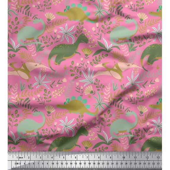 Soimoi Cotton Duck Fabric Leaves,Floral & Dinosaur Jungle Printed Fabric 1 Yard 56 Inch Wide