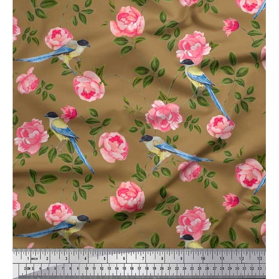 Soimoi Cotton Duck Fabric Leaves,Floral & Leafbird Bird Print Fabric by The Yard 42 Inch Wide