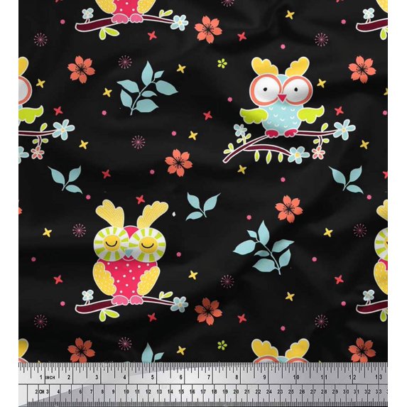 Soimoi Cotton Duck Fabric Leaves,Floral & Owl Kids Printed Craft Fabric by The Yard 42 Inch Wide