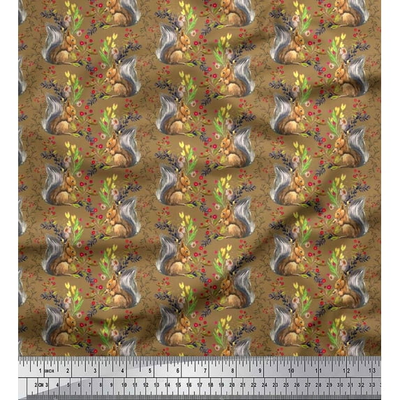 Soimoi Cotton Duck Fabric Leaves,Floral & Squirrel Animal Printed Craft Fabric by The Yard 42 Inch Wide