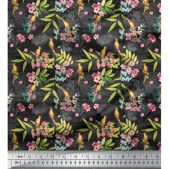 Soimoi Cotton Duck Fabric Leaves,Floral & Yellow Cardinal Bird Decor Fabric Printed Yard 42 Inch Wide