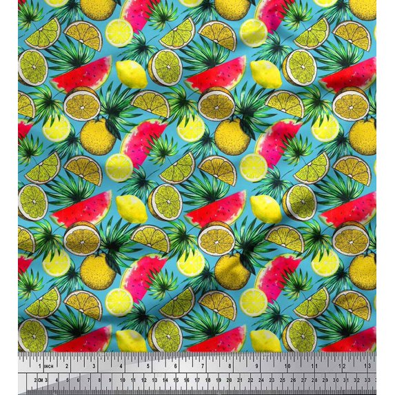 Soimoi Cotton Duck Fabric Leaves,Lemon Slice & Watermelon Fruits Print Fabric by Yard 42 Inch Wide