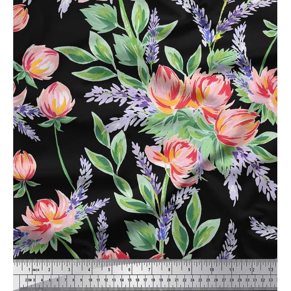 Soimoi Cotton Duck Fabric Leaves & Lotus Flower Decor Fabric Printed Yard 42 Inch Wide