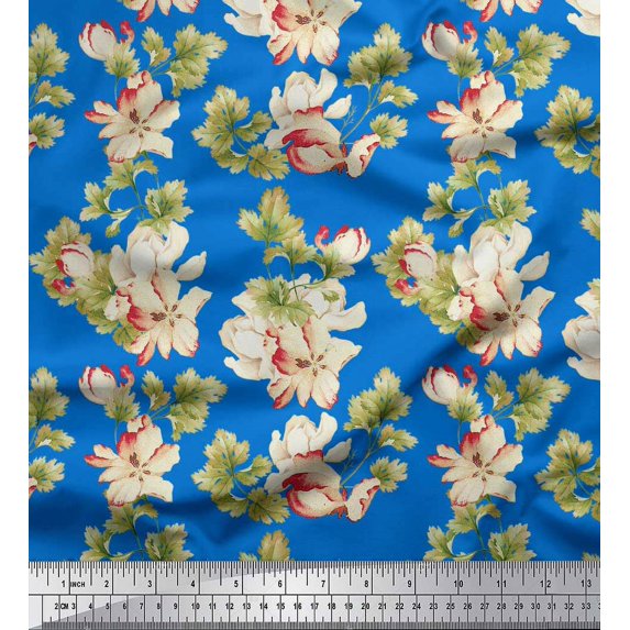 Soimoi Cotton Duck Fabric Leaves & Magnolia Floral Decor Fabric Printed Yard 42 Inch Wide