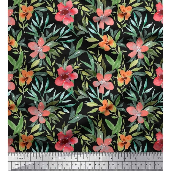 Soimoi Cotton Duck Fabric Leaves & Peach Flower Floral Print Fabric by The Yard 42 Inch Wide