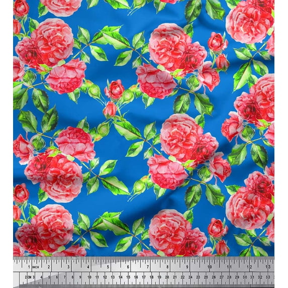 Soimoi Cotton Duck Fabric Leaves & Peony Floral Print Fabric by the Yard 42 Inch Wide