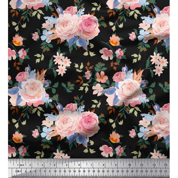Soimoi Cotton Duck Fabric Leaves,Periwinkle & Peony Floral Print Fabric by The Yard 42 Inch Wide