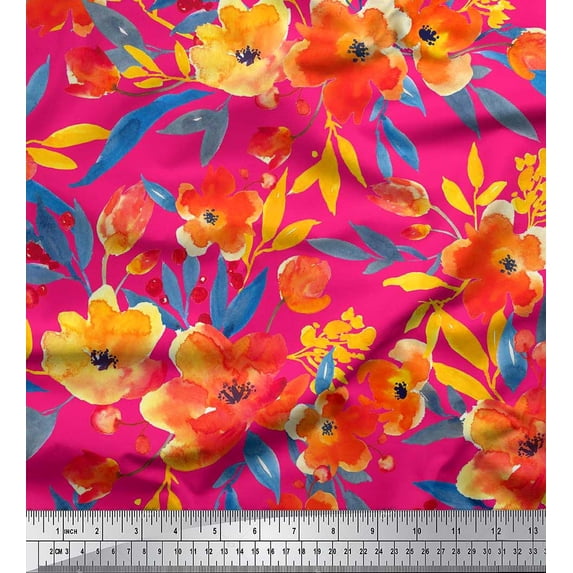 Soimoi Cotton Duck Fabric Leaves & Poppy Flower Print Fabric by the Yard 42 Inch Wide