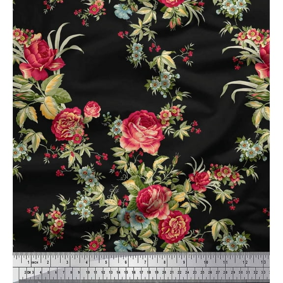 Soimoi Cotton Duck Fabric Leaves,Red Berries & Rose Floral Printed Craft Fabric by The Yard 42 Inch Wide