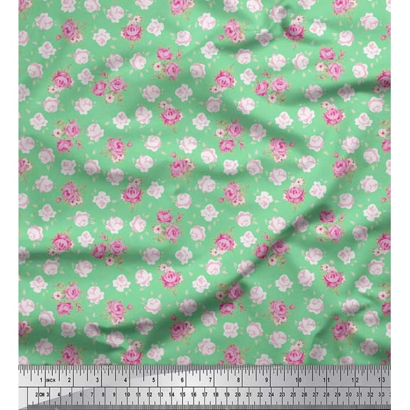 Soimoi Cotton Duck Fabric Leaves & Rose Floral Print Fabric by the Yard 42 Inch Wide