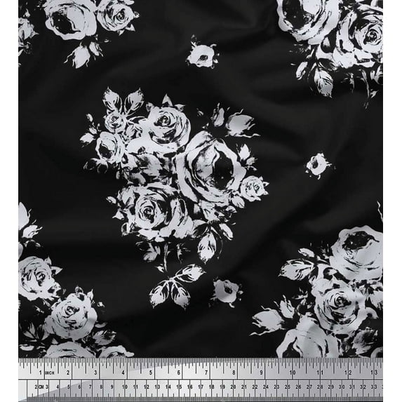 Soimoi Cotton Duck Fabric Leaves, & Rose Floral Printed Fabric 1 Yard 42 Inch Wide