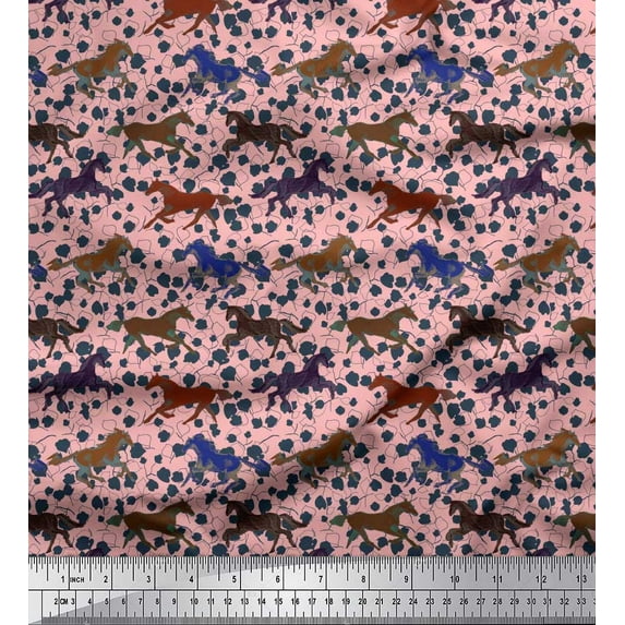 Soimoi Cotton Duck Fabric Leaves & Running Horse Animal Print Fabric by The Yard 42 Inch Wide