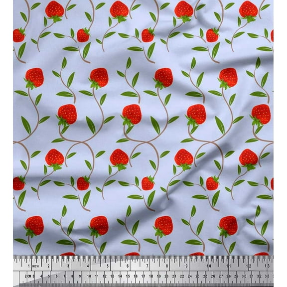 Soimoi Cotton Duck Fabric Leaves & Strawberry Fruits Print Fabric by the Yard 42 Inch Wide