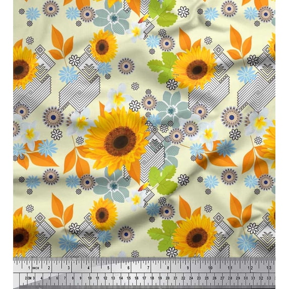 Soimoi Cotton Duck Fabric Leaves & Sunflower Floral Print Sewing Fabric Yard 42 Inch Wide