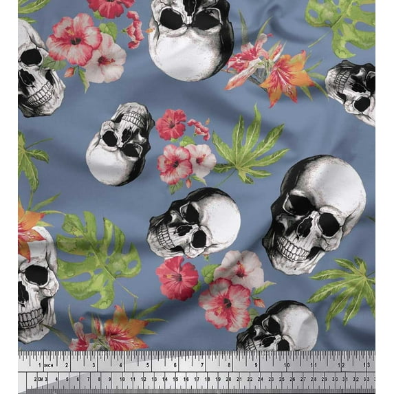 Soimoi Cotton Duck Fabric Monstera Leaves,Floral & Horror Skull Halloween Decor Fabric Printed Yard 56 Inch Wide