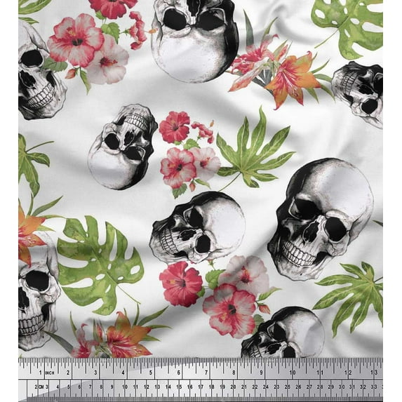 Soimoi Cotton Duck Fabric Monstera Leaves,Floral & Horror Skull Halloween Decor Fabric Printed Yard 56 Inch Wide