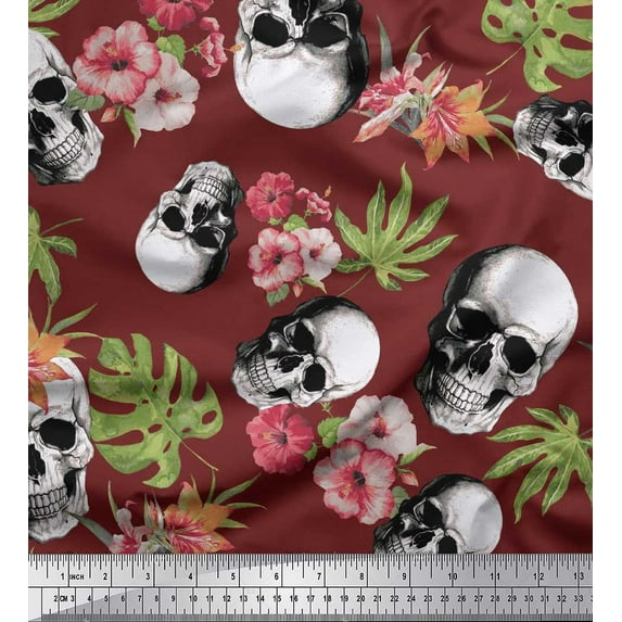 Soimoi Cotton Duck Fabric Monstera Leaves,Floral & Horror Skull Halloween Print Sewing Fabric Yard 56 Inch Wide
