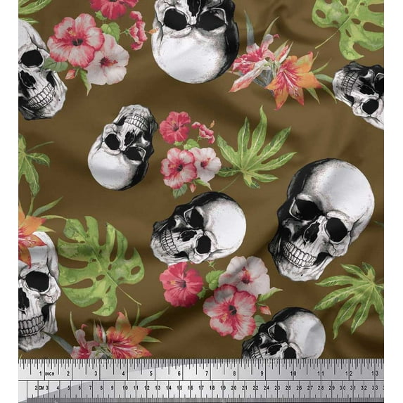 Soimoi Cotton Duck Fabric Monstera Leaves,Floral & Horror Skull Halloween Printed Craft Fabric by The Yard 42 Inch Wide