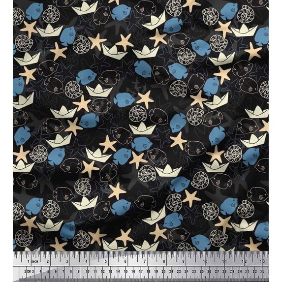 Soimoi Cotton Duck Fabric Paper Boat,Fish & Starfish Ocean Print Fabric by Yard 42 Inch Wide