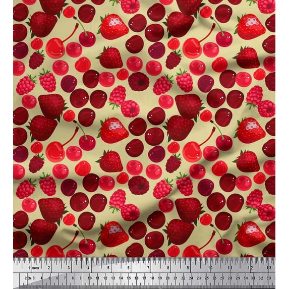 Soimoi Cotton Duck Fabric Raspberry,Strawberry & Cherry Fruits Print Fabric by The Yard 56 Inch Wide