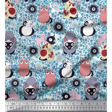 Soimoi Cotton Duck Fabric Spiral,Floral & Cat Cartoon Print Fabric by The Yard 42 Inch Wide