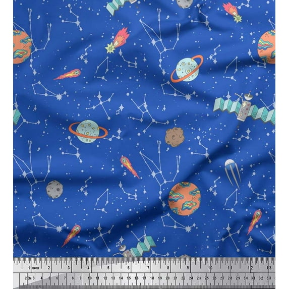 Soimoi Cotton Duck Fabric Star,Satellite & Planet Galaxy Print Sewing Fabric Yard 56 Inch Wide