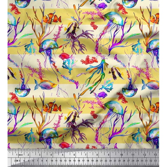 Soimoi Cotton Duck Fabric Stripe,Coral & Jellyfish Ocean Printed Fabric 1 Yard 56 Inch Wide