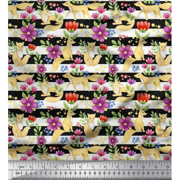 Soimoi Cotton Duck Fabric Stripe,Floral & Fox Animal Printed Fabric 1 Yard 42 Inch Wide