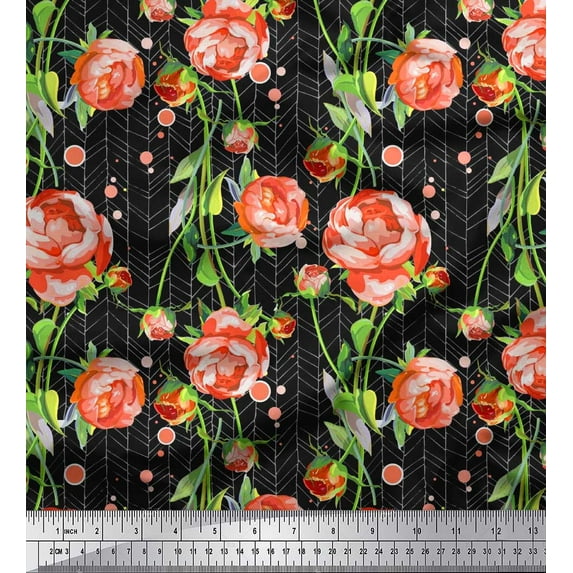 Soimoi Cotton Duck Fabric Stripe,Leaves & Peony Floral Print Sewing Fabric Yard 42 Inch Wide