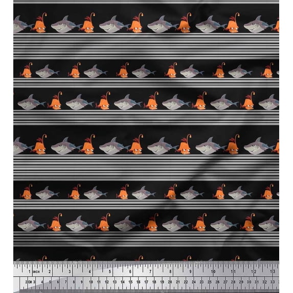 Soimoi Cotton Duck Fabric Stripe & Shark Fish Kids Decor Fabric Printed Yard 42 Inch Wide