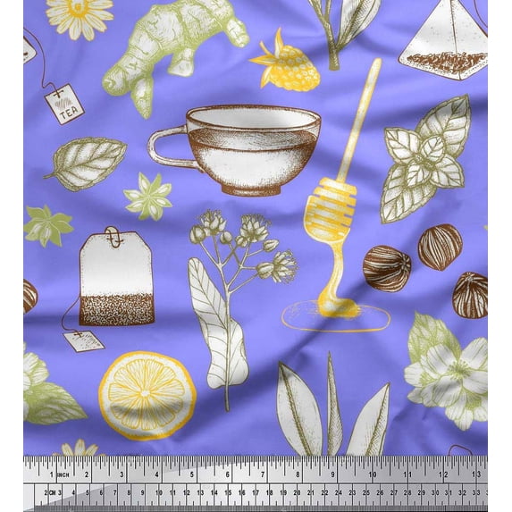 Soimoi Cotton Duck Fabric Tea Cup,Star Anise & Lemon Slice Vegetable Print Fabric by the Yard 42 Inch Wide