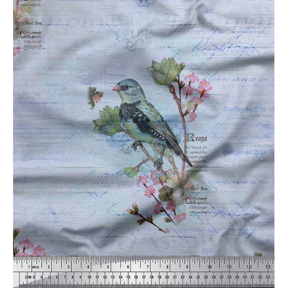 Soimoi Cotton Duck Fabric Text,Floral & European Greenfinch Bird Printed Craft Fabric by The Yard 56 Inch Wide