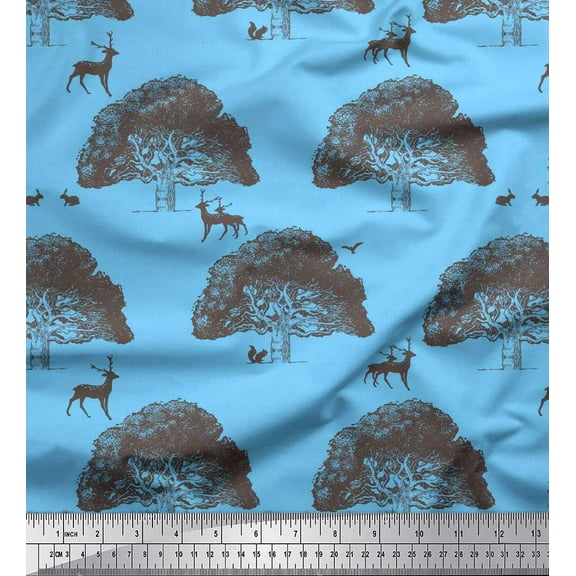 Soimoi Cotton Duck Fabric Tree,Rabbit & Reindeer Animal Print Sewing Fabric Yard 42 Inch Wide