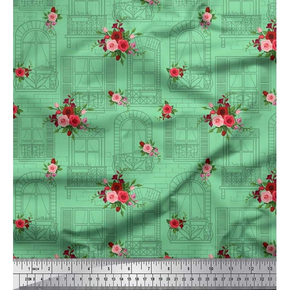 Soimoi Cotton Duck Fabric Window,Leaves & Rose Floral Printed Fabric 1 Yard 42 Inch Wide
