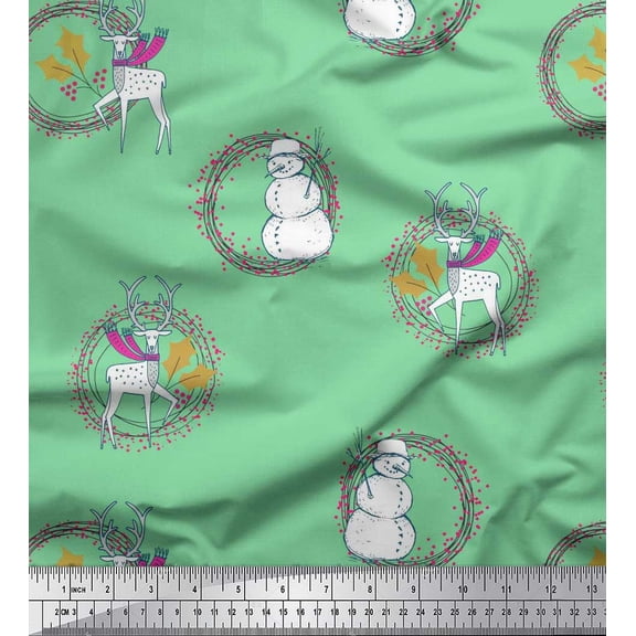 Soimoi Cotton Duck Fabric Wreath,Snowman,Reindeer Animal Print Fabric by the Yard 42 Inch Wide