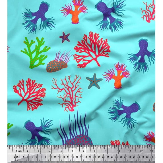 Soimoi Cotton Jersey Fabric Coral & Starfish Ocean Print Fabric by Yard 58 Inch Wide