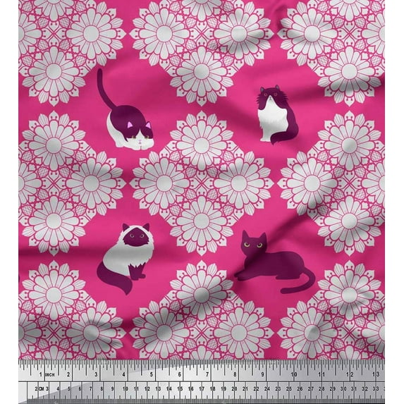 Soimoi Cotton Jersey Fabric Floral & Cat Animal Printed Craft Fabric by The Yard 58 Inch Wide