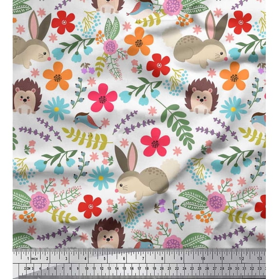 Soimoi Cotton Jersey Fabric Floral,Rabbit & Porcupine Cartoon Fabric Prints by Yard 58 Inch Wide