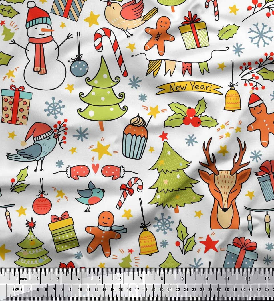 Soimoi Cotton Jersey Fabric Gift Box,Snowman & Tree Christmas Printed Fabric 1 Yard 58 Inch Wide