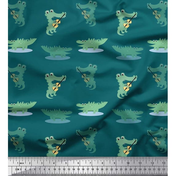 Soimoi Cotton Jersey Fabric Guitar & Crocodile Kids Printed Fabric 1 Yard 58 Inch Wide